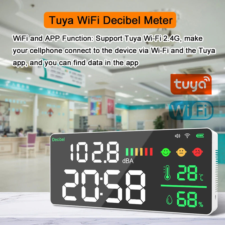 4 In 1 Tuya WiFi Geluidsdecibelmeter Thermometer Hygrometer Alarmklok 11inch LED Kleurendisplay Decibelmeter Hygrothermograaf