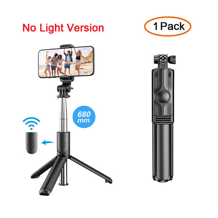 T-WOLF Wireless Bluetooth Selfie Stick Tripod with Fill Light &amp; Remote for Smartphones S03 black