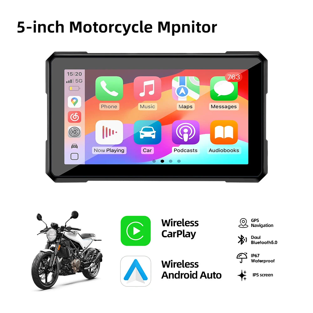 AKAMATE 5Inch Motorcycle Monitor &ndash; Wireless CarPlay Only DVR