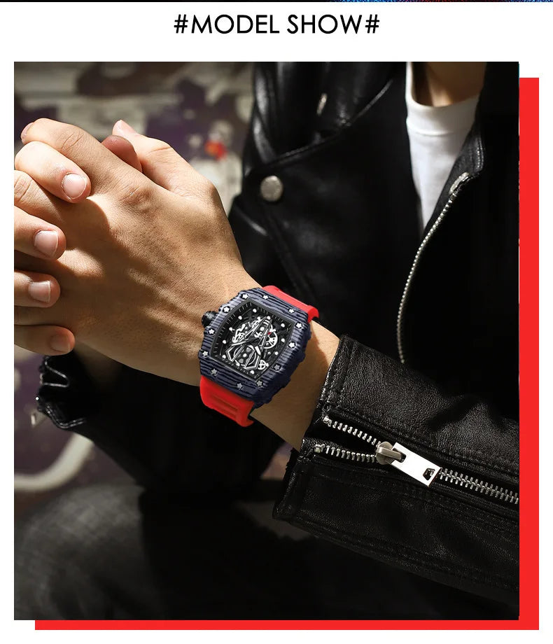 BINBOND Sporty Men's Tonneau Quartz Watch with Hollow Surface and Silicone Strap