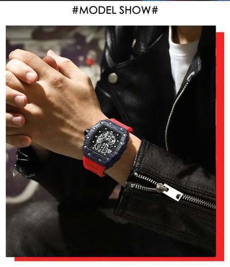 BINBOND Sporty Men's Tonneau Quartz Watch with Hollow Surface and Silicone Strap