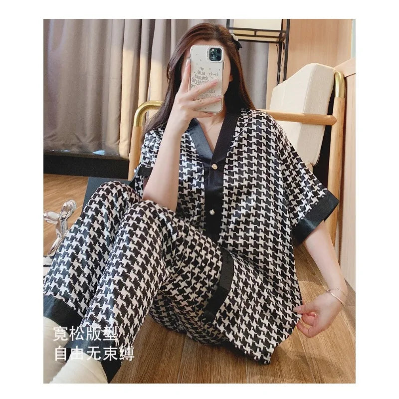 Ice Silk Pajamas for Women - Summer Nightwear Set with Cartoon Print