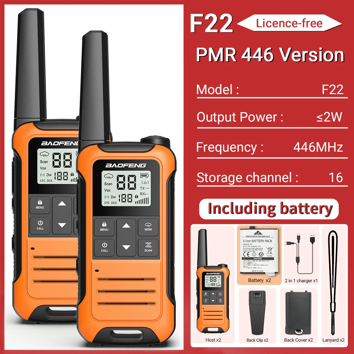 Baofeng F22 Mini Walkie Talkie PMR FRS - Long Range PMR-New Orange