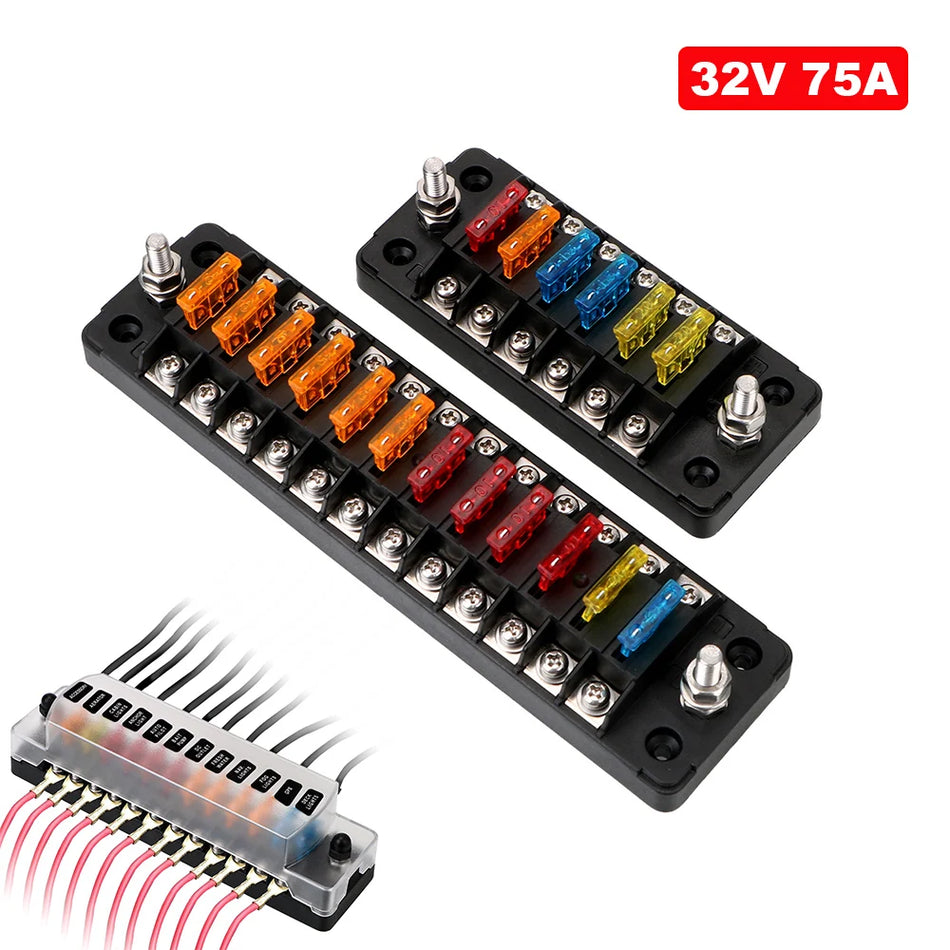 RV Fuse Box 32V 75A, 12 Way Blade Fuse Block, Surge Protector, Flame Retardant