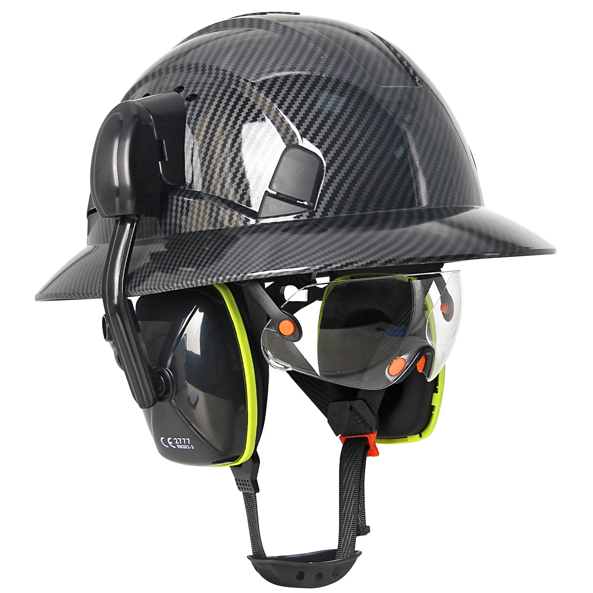 CE Full Brim Safety Helmet With Goggles &ndash; Built In Earmuffs Bright Black Set