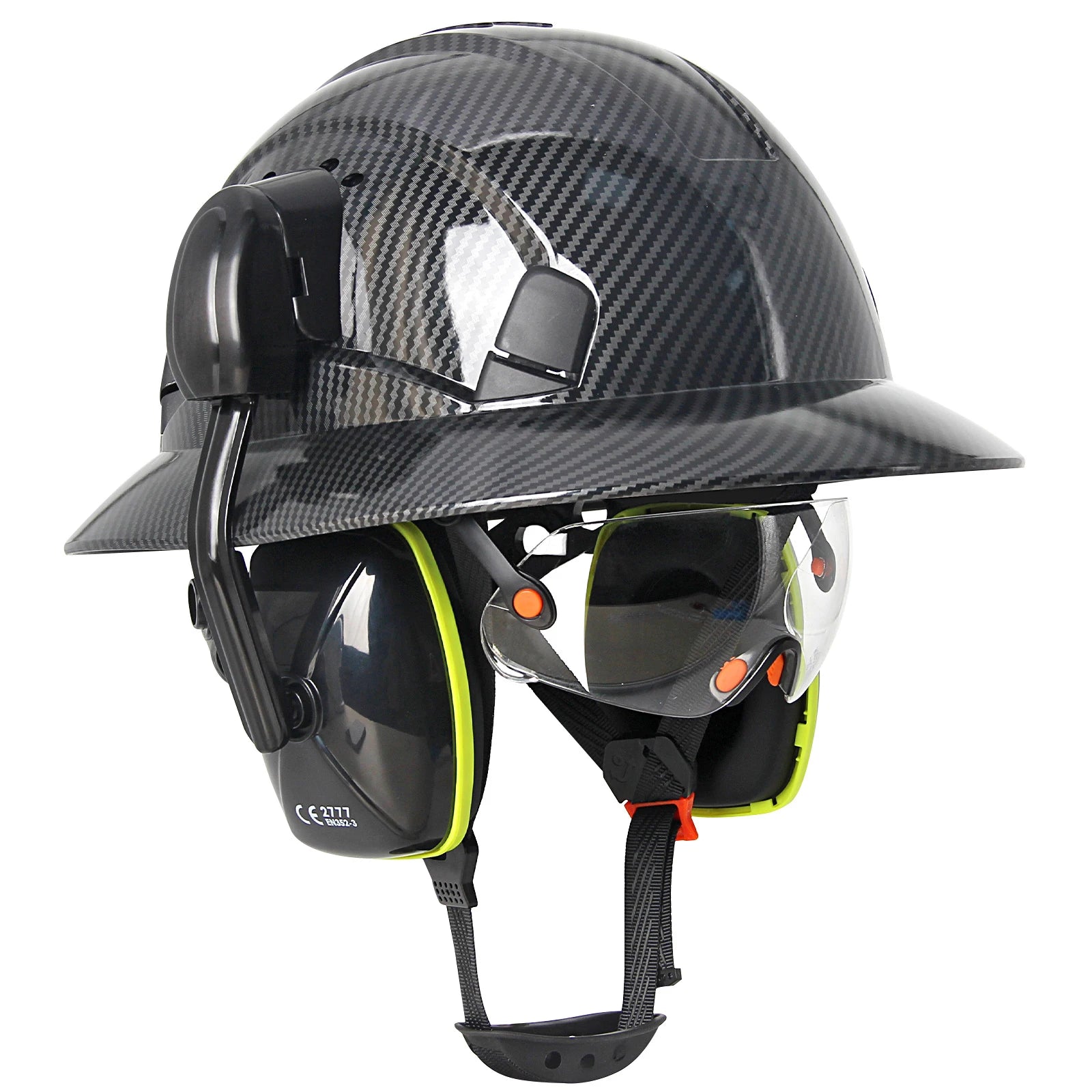CE Full Brim Safety Helmet With Goggles &ndash; Built In Earmuffs Bright Black Set