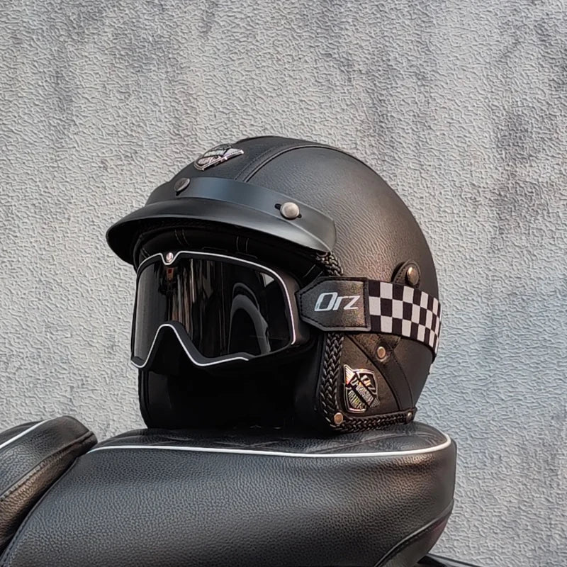 High quality retro motorcycle half helmet 3/4PU leather helmet cruise jet helmet – InterCyprus Trading Ltd