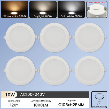 6Pcs Color Adjusted LED Downlight - CCT Dial Switchable 10W / AC100-240V / 6pcs