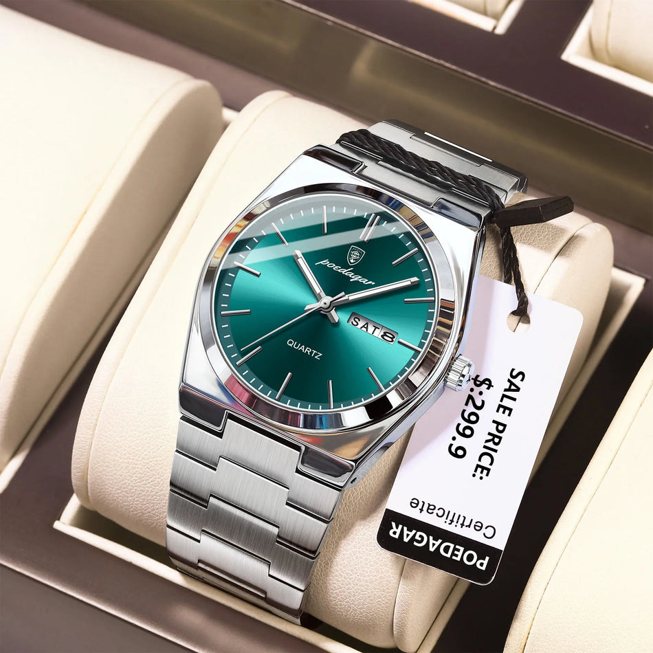 Quartz Men's Wristwatch With Stainless Steel Band, Waterproof, Luminous