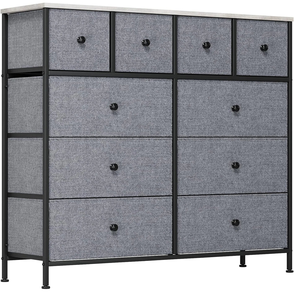 10-szufladowa tkaninowa skrzynia z drewnianym blatem, metalowa rama, antyprzechyłowa