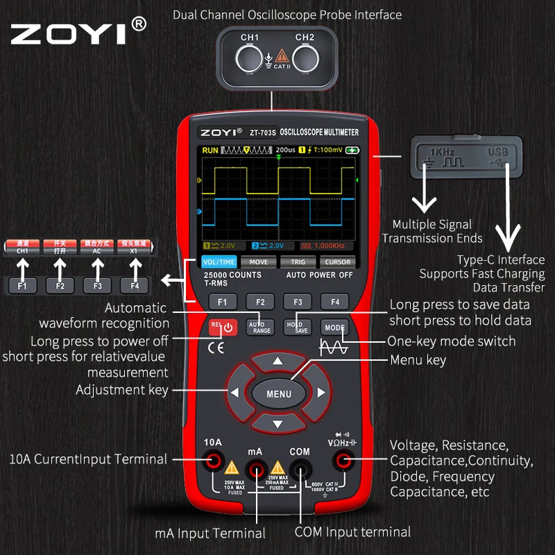 ZOYI ZT-703S Upgrade 50MHz Handheld Digital Oscilloscope &ndash; 3 in 1 Dual Channel Automotive Tool