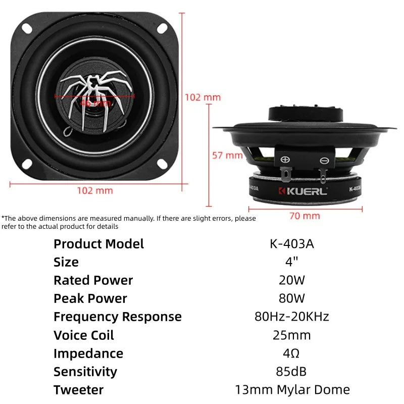 KUERL K-403A 4-Ιντσών Συγκολητικός Ηχείο Αυτοκινήτου Με 80W, 2-Δρόμων HiFi