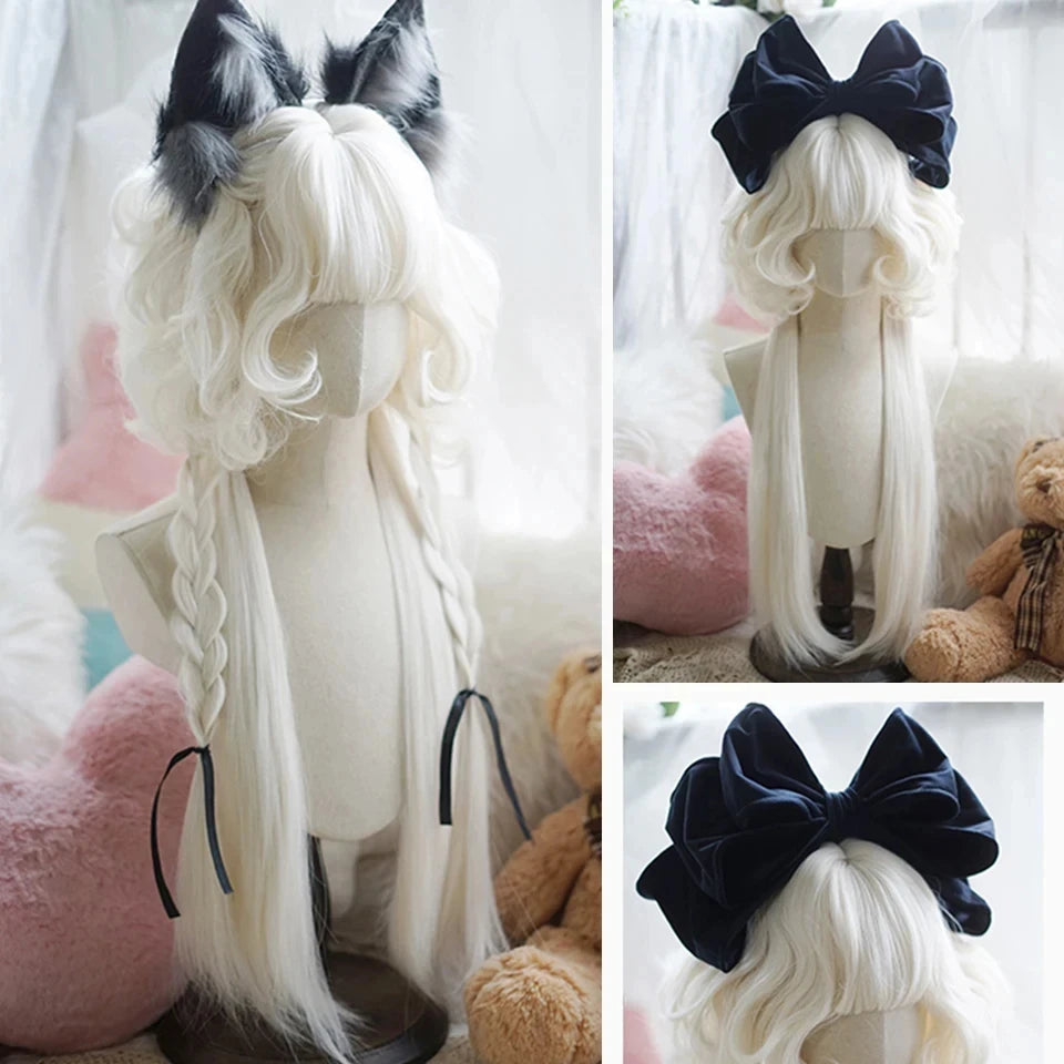OLACARE Long Curly Wavy Pink Blonde Synthetic Wig with Fluffy Bangs