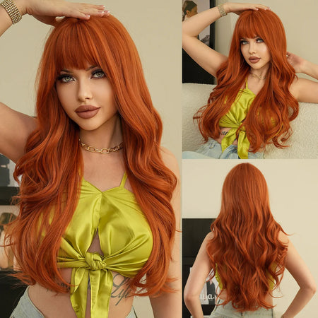 Wine Red Long Curly Synthetic Wig with Bangs - Heat Resistant &amp; Daily Wear 27-131-orange / 26inches