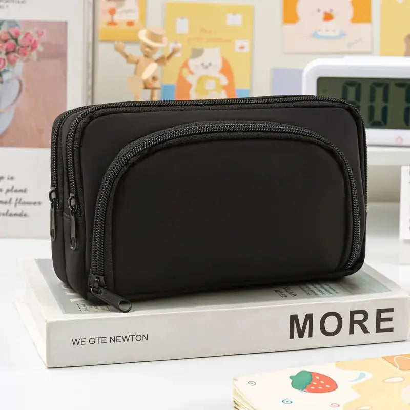 Kawaii Pencil Case | 3 Layer Cute Pen Bag | Large Capacity Korean Organizer No logo-Black