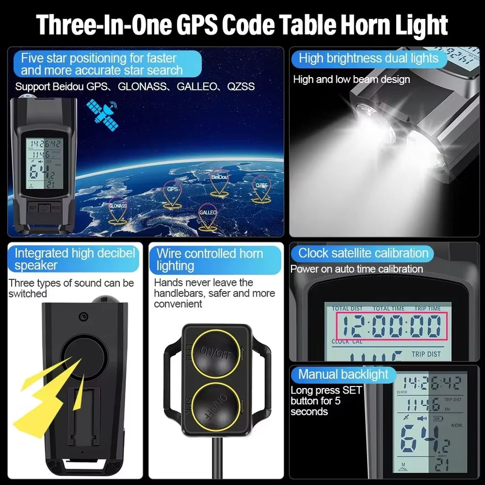NovýBoler LIG001 Světlo na kolo GPS rychloměr Klakson, 3 v 1 Přední lampa, Nabíjecí ABS Vodotěsný
