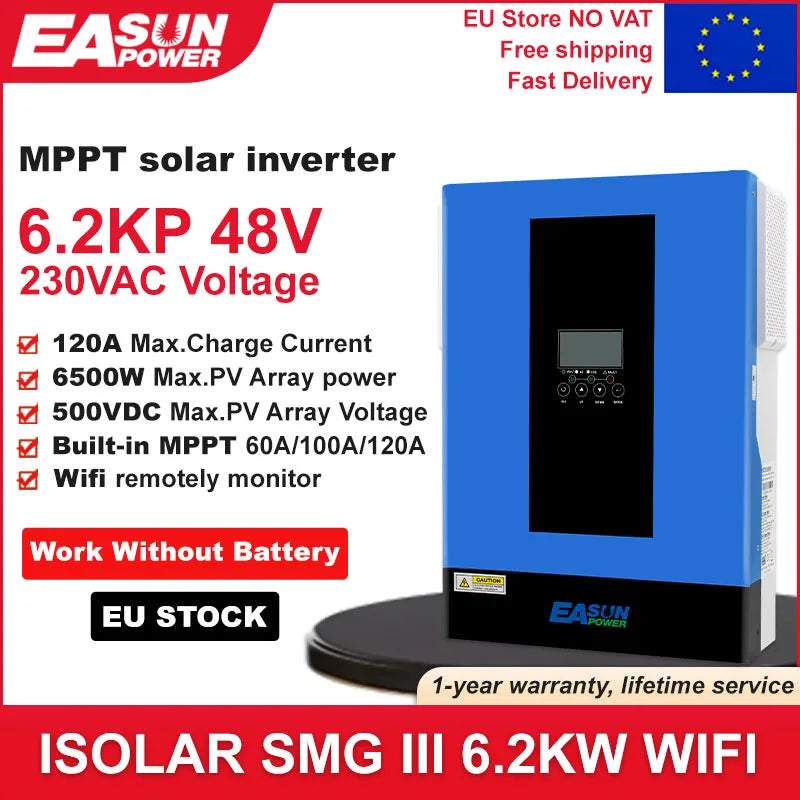 6200W hybridní solární off-grid invertor, 48V na 220V výstup, MPPT nabíječka, WiFi BMS