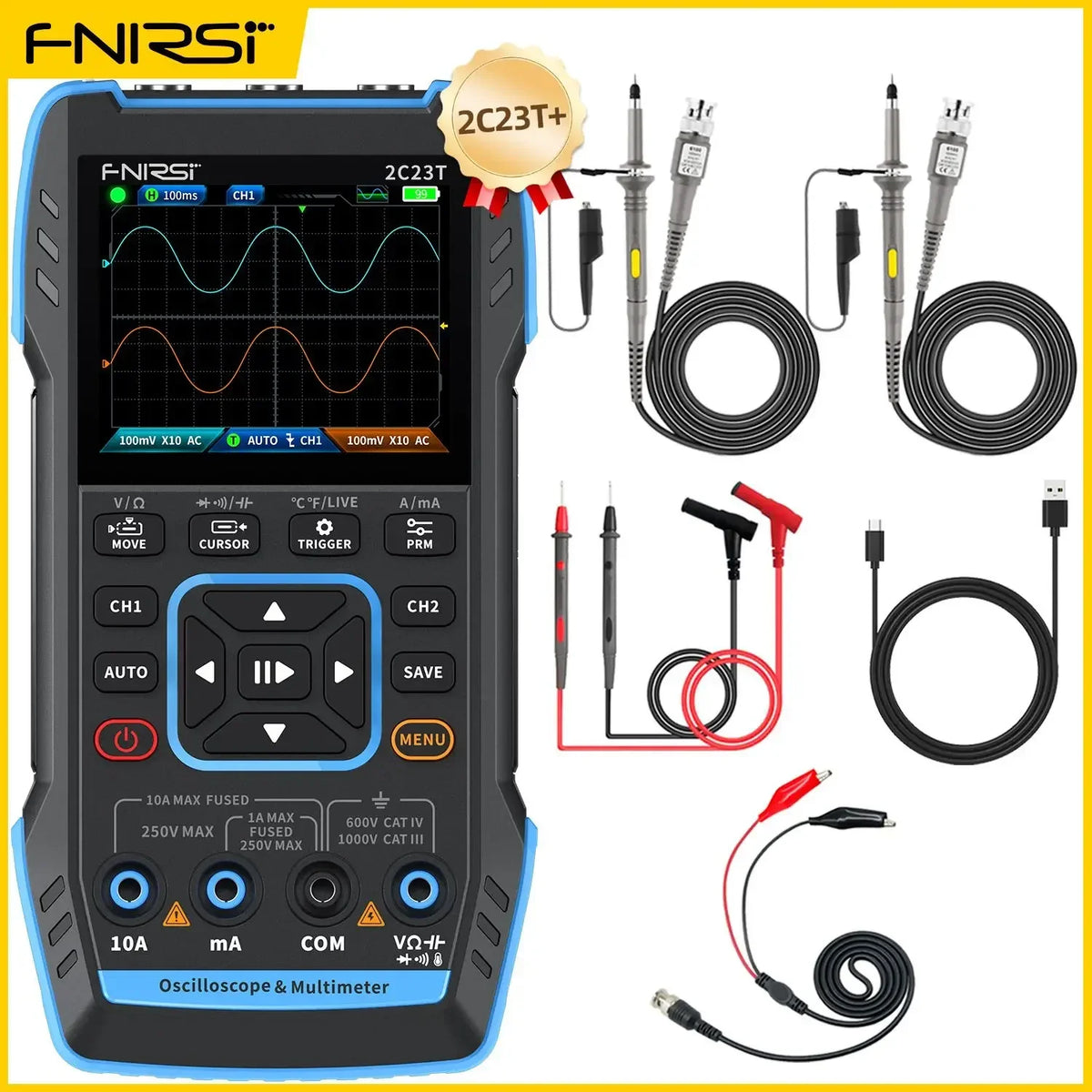 FNIRSI 2C23T 2C53T &ndash; 3 in 1 Dual Channel Handheld Digital Oscilloscope Multimeter Signal Generator 2C23T 2PCS P1600