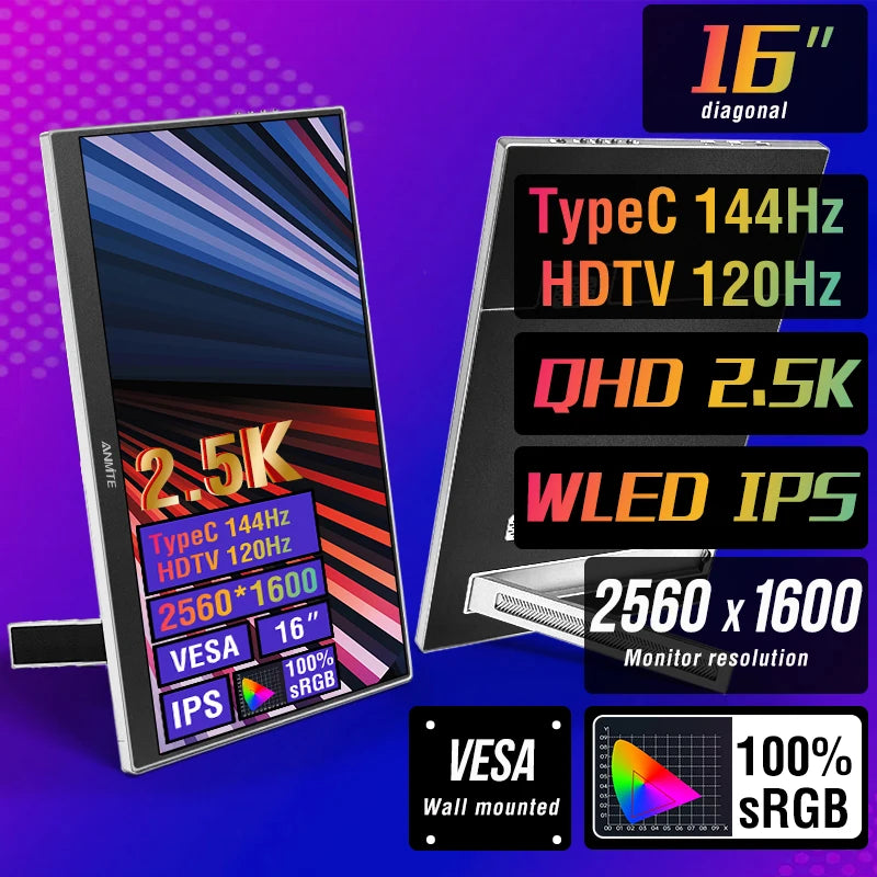 16-palčni 2,5K prenosni igralni monitor z zvočniki in HDR10