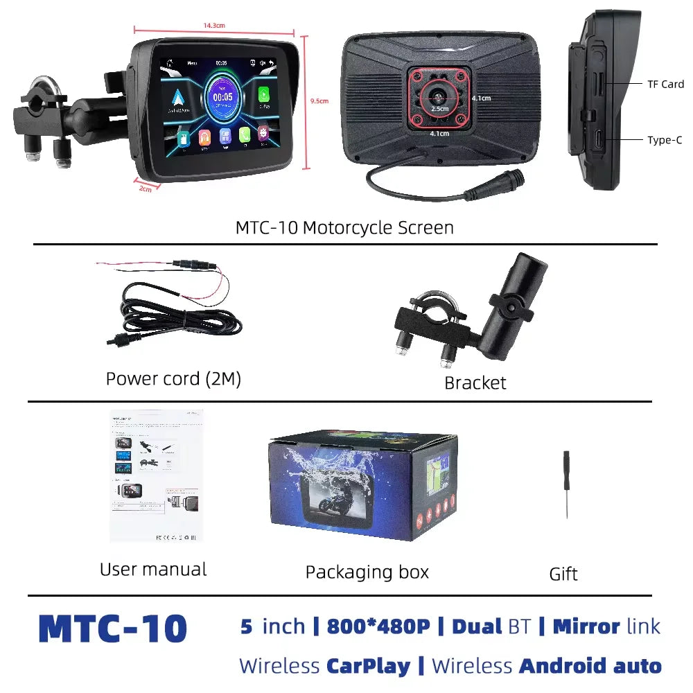 EKIY 5 Inch Navigation Motorcycle DVR &ndash; Waterproof Wireless CarPlay Display MTC-10