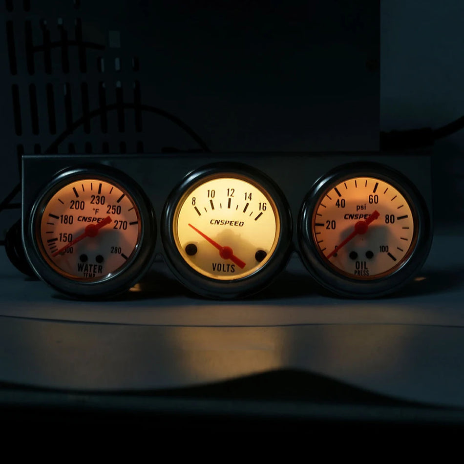 Uniwersalny zestaw trzech wskaźników 52mm w chromie: temperatura wody, olej, napięcie