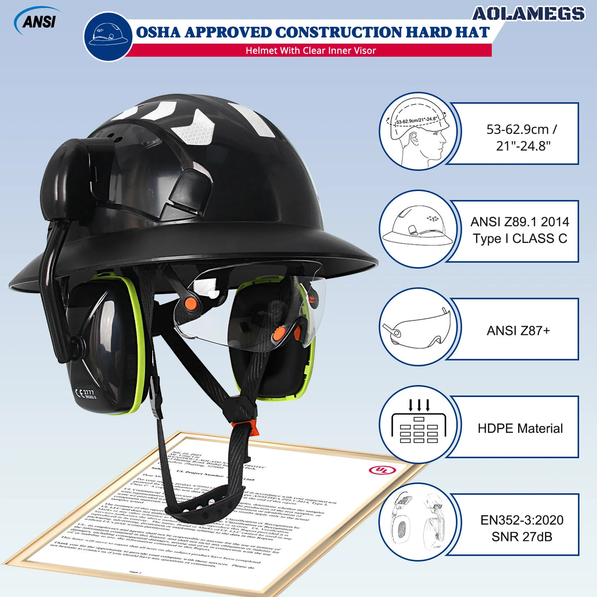 CE Full Brim Hard Hat With Goggles Earmuffs &ndash; All In One