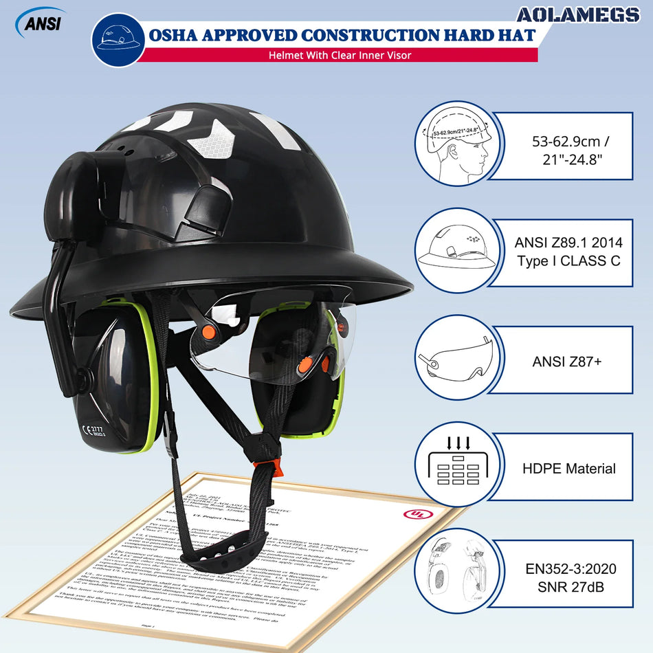 CE Full Brim Hard Hat With Goggles Earmuffs &ndash; All In One