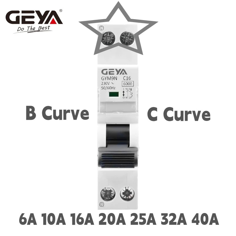GEYA GYM9N Mini Circuit Breaker 1P+N, 6A-40A, C/B Curve, 6KA