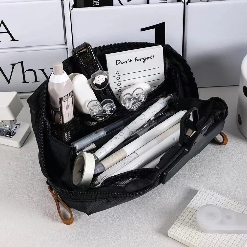 Simple Black Canvas Pencil Case - Large Capacity Stationery Storage