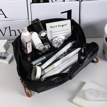 Simple Black Canvas Pencil Case - Large Capacity Stationery Storage