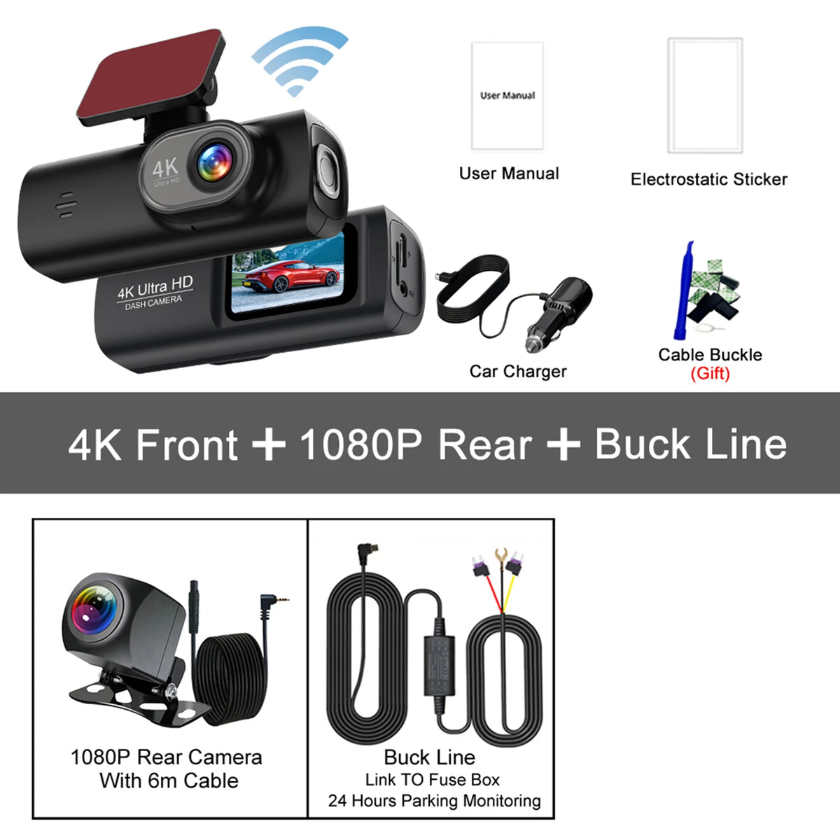 4K WIFI Dash Cam Mini Car DVR &ndash; Dual Lens Front and Rear with Night Vision and GPS 4K-6M 1080P-BL / 32G