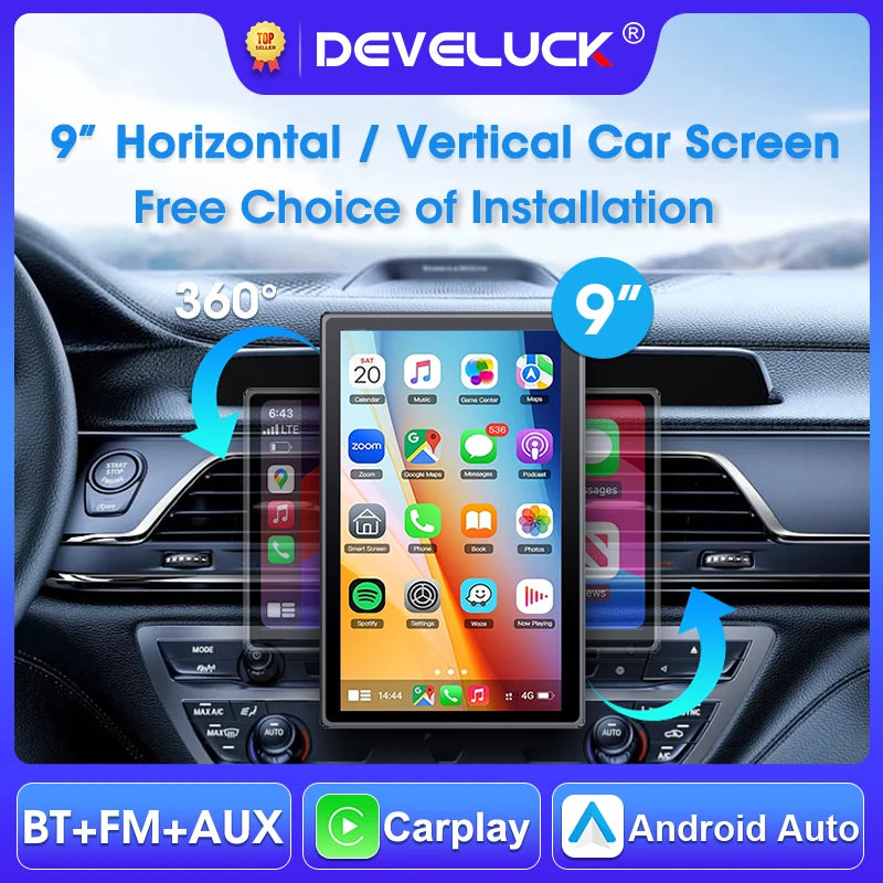 Develuck 9 ιντσών ασύρματη οθόνη CarPlay για αυτοκίνητο Ράδιο με Android Auto Mirror Link οριζόντια και κάθετη περιστροφή οθόνης