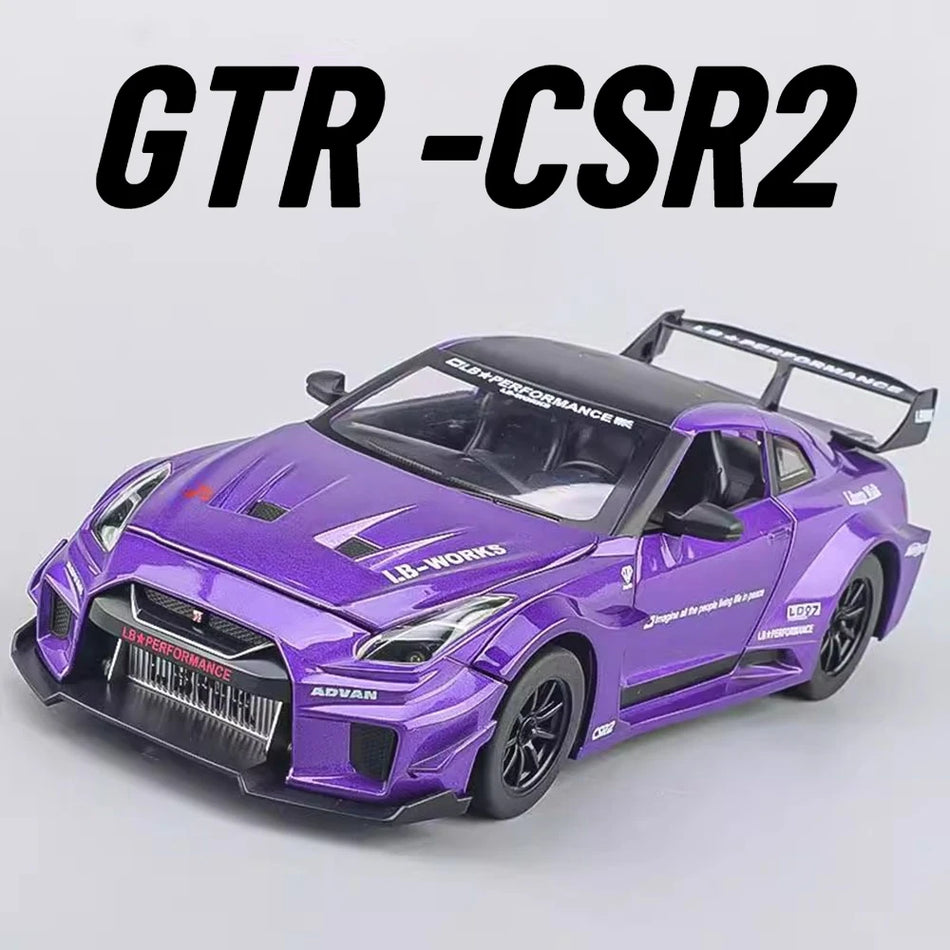 Model de mașină sport Diecast GTR-CSR2 R34 cu sunet, lumină și mecanism de întoarcere 1:24
