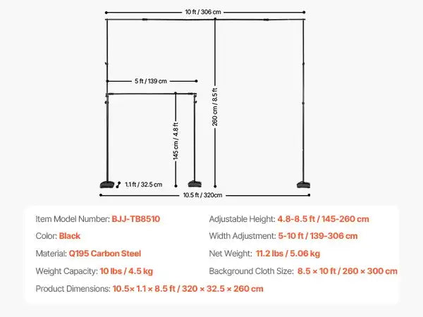 Adjustable Heavy Duty Backdrop Stand Wedding Photo Flat Base 8.5x10ft / UNITED KINGDOM