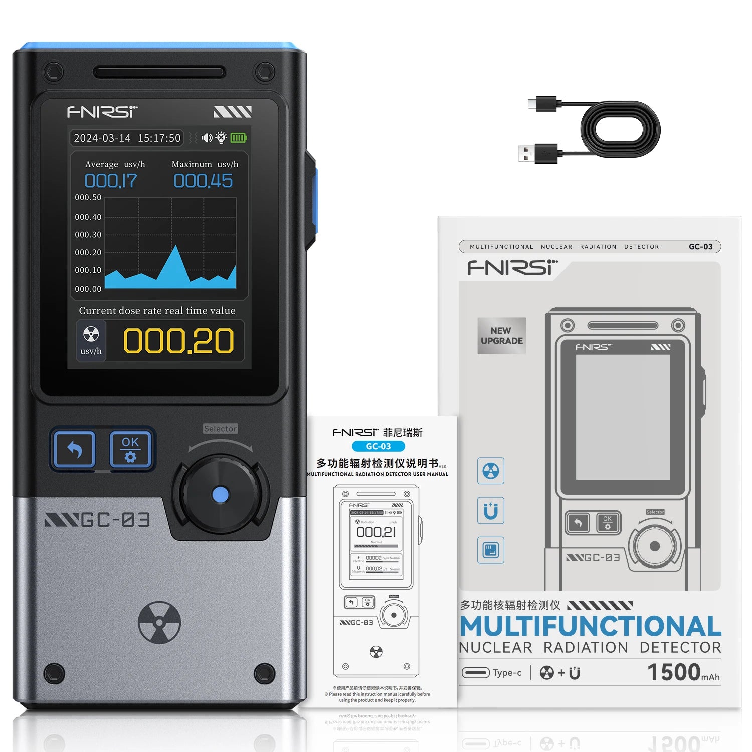 FNIRSI GC-03 3-in-1 Environment Detector &ndash; Multi-Function Safety and Radiation Tester GC-03 Black
