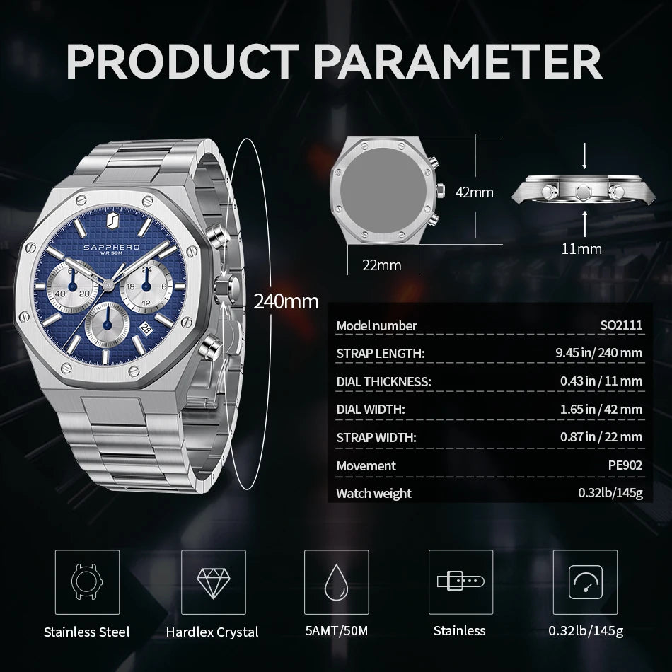 SAPPHERO Men's Watch &ndash; Waterproof Chronograph With Date