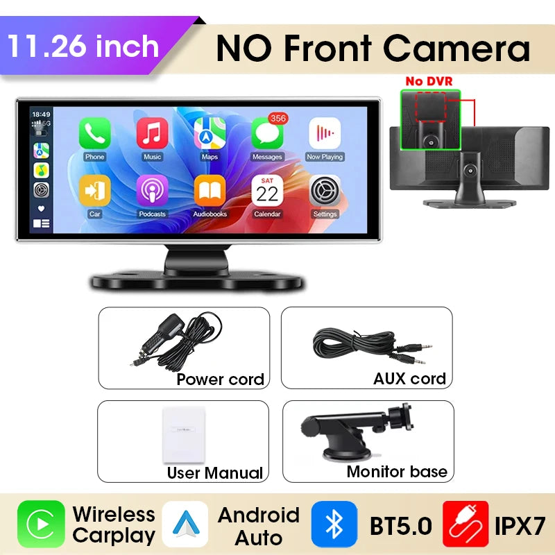 11.26 Inch Dash Cam 4K Car DVR &ndash; Wireless Carplay and Android Auto with Dual Lens and GPS Navigation