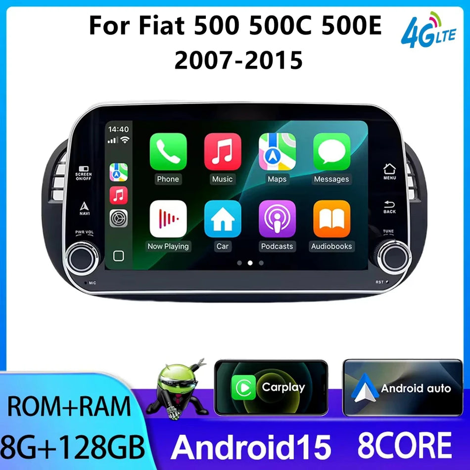 Schermo Android Auto Double Din per Fiat 500 Abarth 2007-2015 con GPS e telecamera posteriore