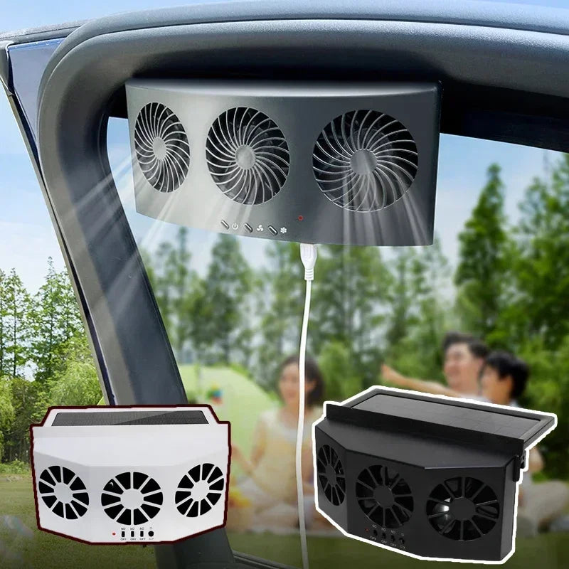 Solární ventilátor do auta s 3 chladicími ventilátory a USB portem