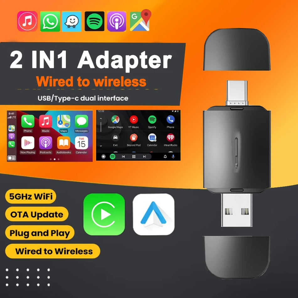 Audi, Benz, VW, Toyota için 2'si 1 Araba İçi Kablosuz CarPlay Android Auto Dongle Type-C