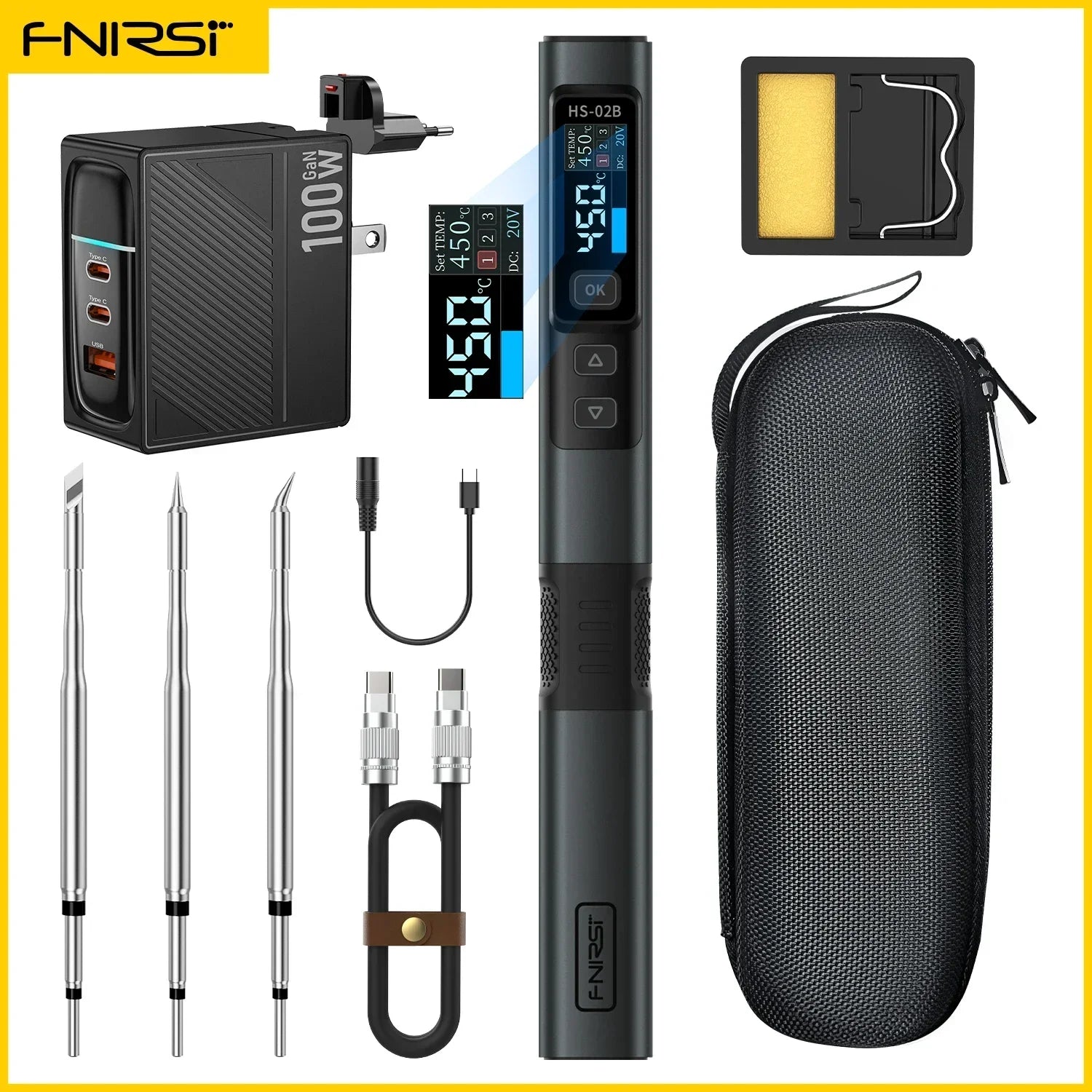 FNIRSI HS-02 Adjustable Temperature Soldering Iron &ndash; Precise 100 to 450&deg;C Control HS-02B-3 Tips-100W