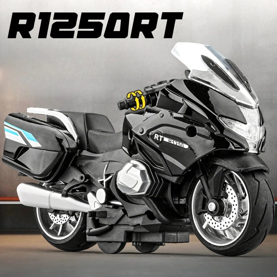 Model de motocicletă diecast R1250RT la scară 1:14 cu sunet și lumină, cu retragere.