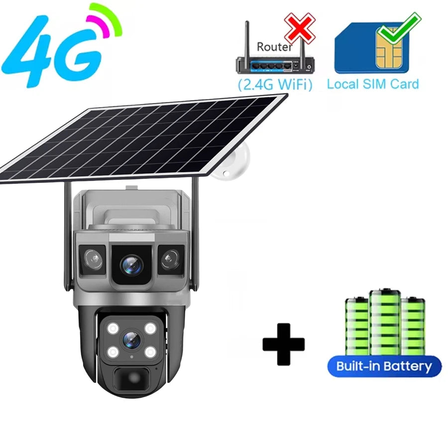 V380Pro 12 MP Solar 4G IP Camera Security CCTV Three Screen Auto Tracking Outdoor waterproof 6K Security Surveillance PTZ Camera 4G Cam No Card