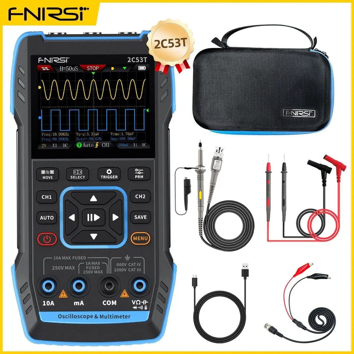 FNIRSI 2C23T 2C53T &ndash; 3 in 1 Dual Channel Handheld Digital Oscilloscope Multimeter Signal Generator 2C53T 1PC P1600