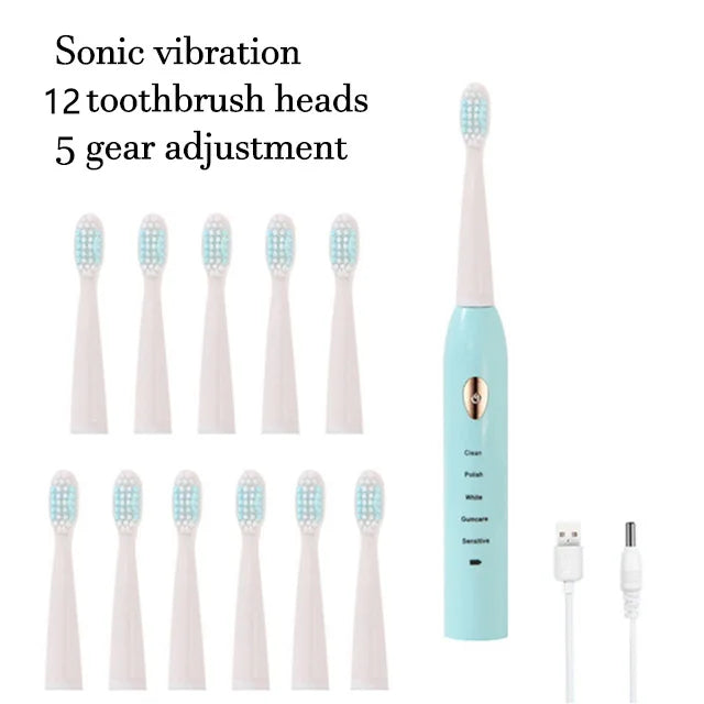 Sonic Electric Toothbrush &ndash; Five Gear Mode and IPX7 Waterproof 12 head Blue