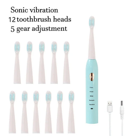 Sonic Electric Toothbrush &ndash; Five Gear Mode and IPX7 Waterproof 12 head Blue