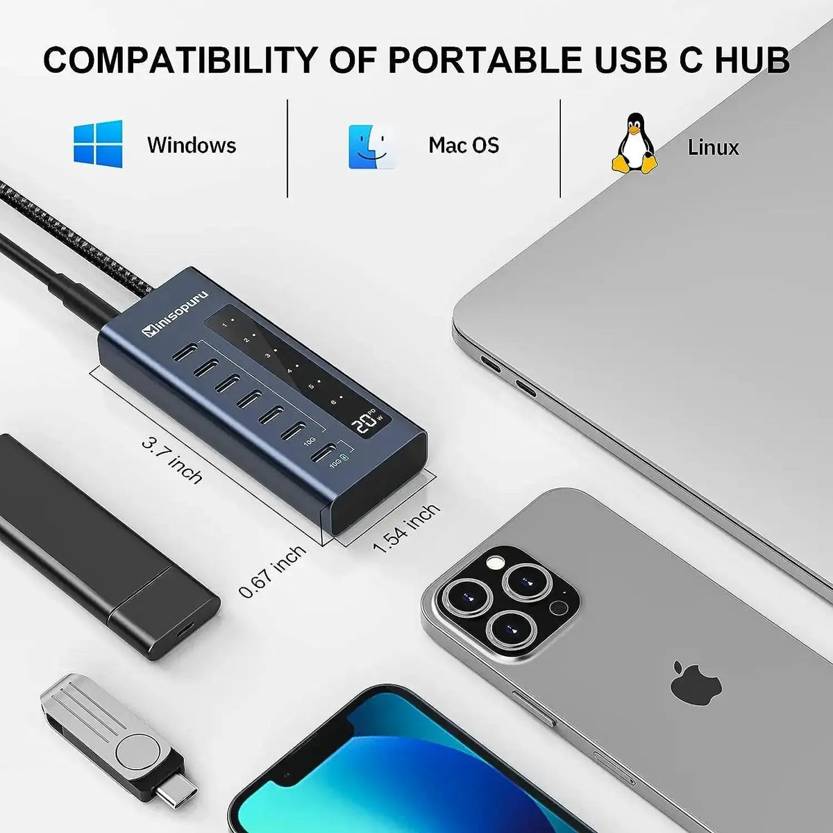 Minisopuru USB C Hub 7 In 1 For MacBook Pro Air iPad 10Gbps
