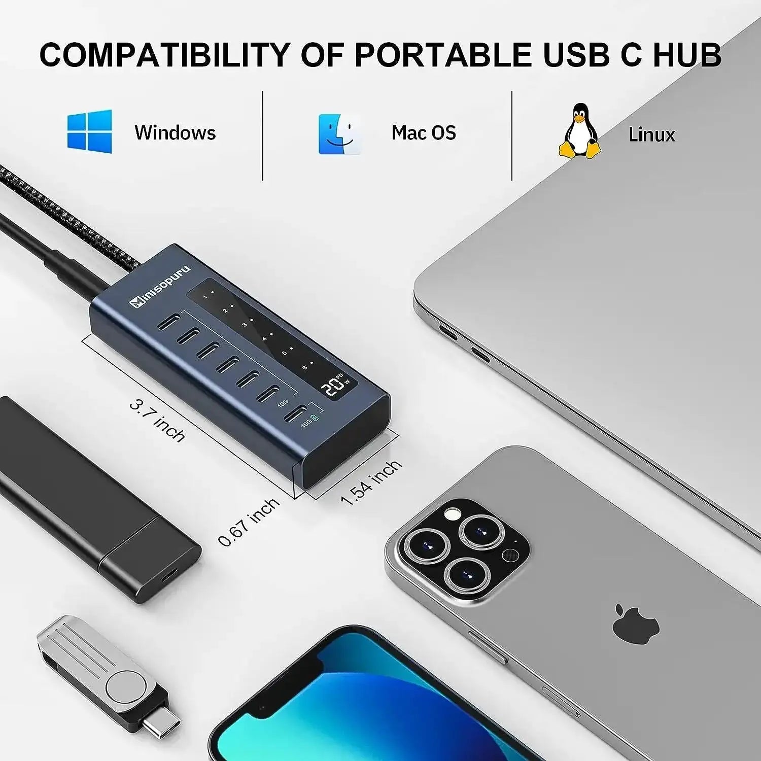 Minisopuru USB C Hub 7 In 1 For MacBook Pro Air iPad 10Gbps