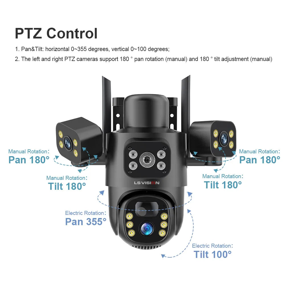 LS VISION 4G / WiFi Solar Camera 3Lenses Outdoor 15MP 4K Low Power Battery IP Camera PIR Night Vision V380 Pro CCTV Security