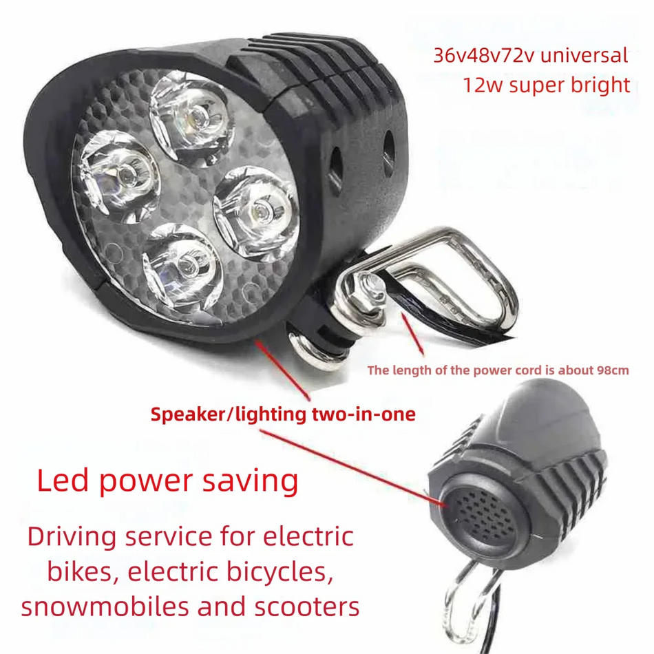 E-Bisiklet Korna Işığı 2'si 1 Arada IPX5 Su Geçirmez Far ve Korna, 12W/18W LED
